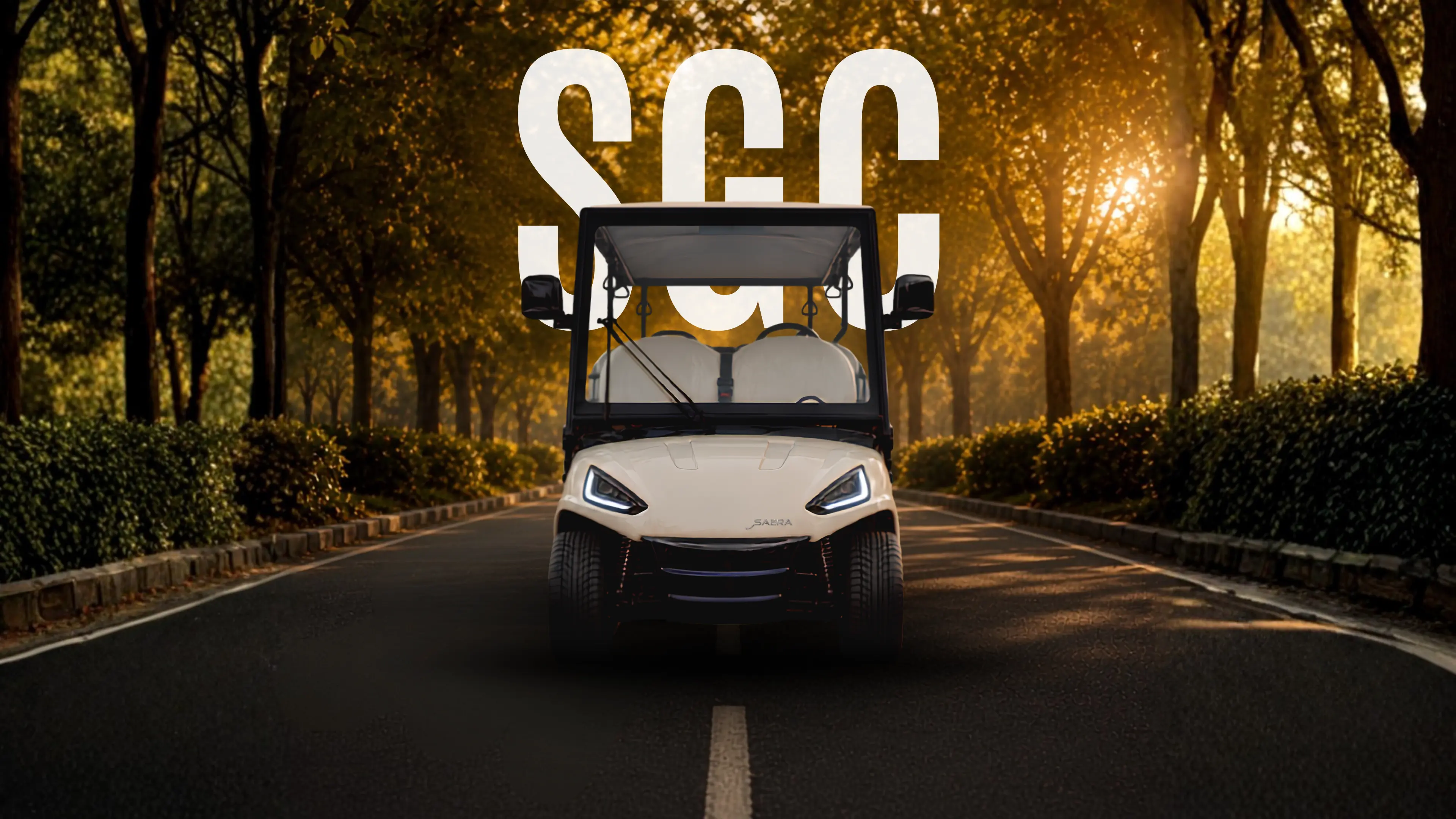 SAERA GOLF CART Six seats. Silent electric drive. Built for resorts, campuses and communities the new SAERA moves everyone alloy in comfort, with LED lighting and all-day range. (1920 x 1080 px)